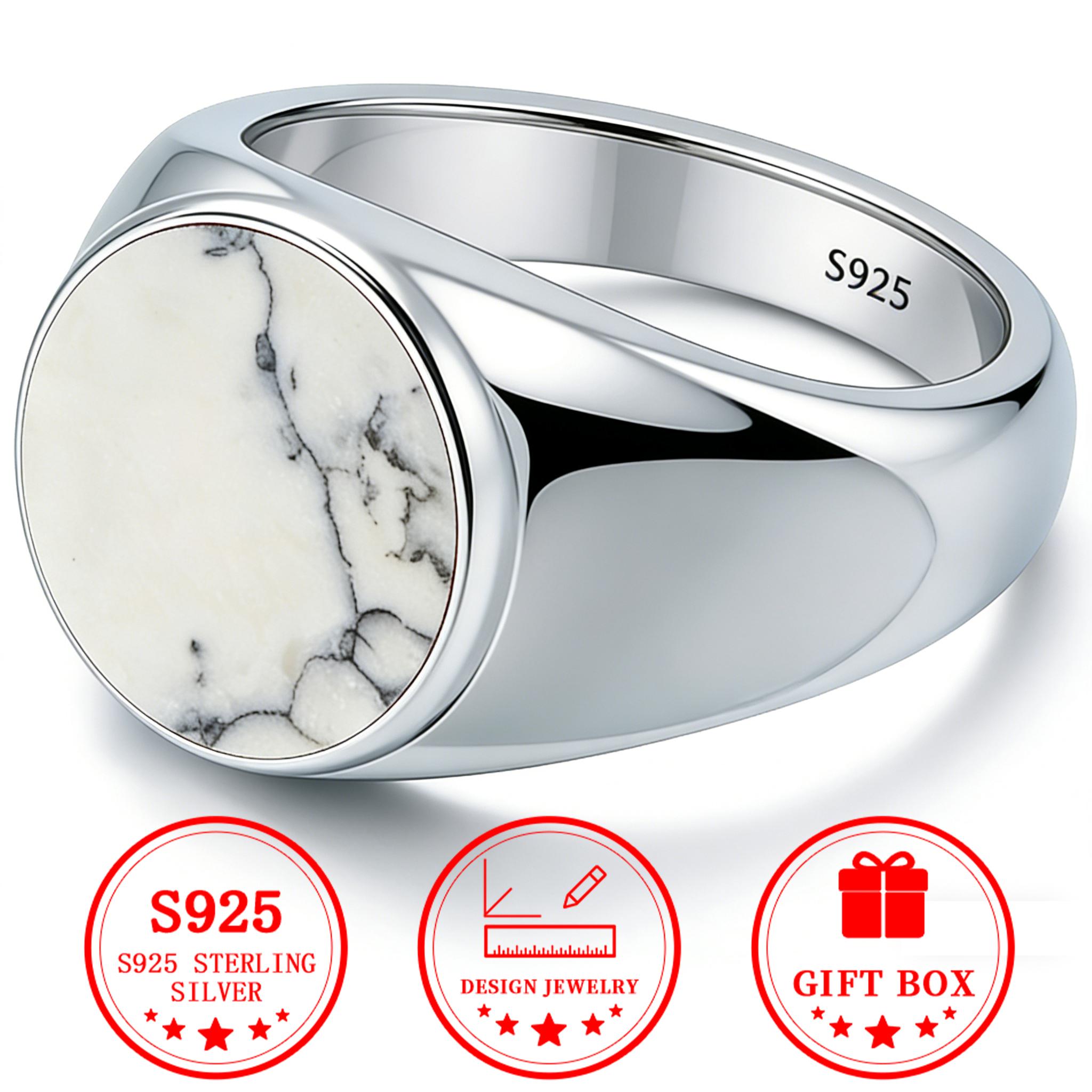 Men's S925 Sterling Silver Oval Flat White Turquoise Ring